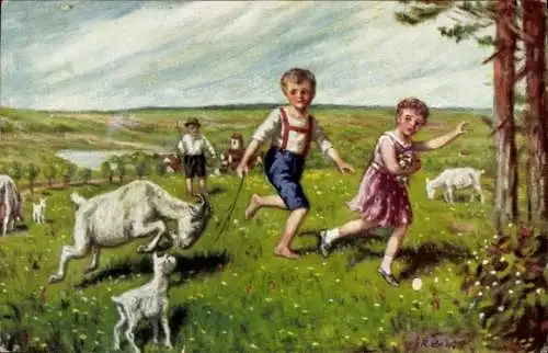 Künstler Ak Kinder auf einer Weide, von Ziegenbock gejagt