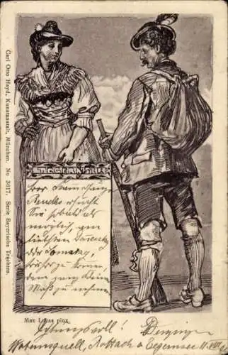 Künstler Ak Mann und Frau in bayerischer Tracht, Portrait