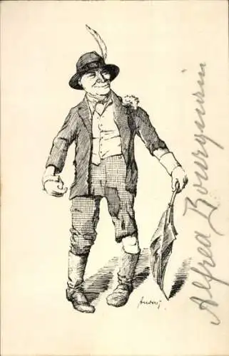 Ak Auvers sur Oise Val d'Oise, Zeichnung eines Mannes mit Hut, Stock und Handschuhen.