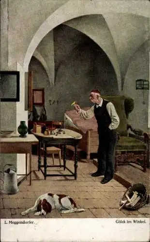 Künstler Ak Meggendorfer, L., Glück im Winkel, Mann in einer Stube, Kanarienvogel, Hund