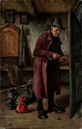 Künstler Ak Best, H., Moderne Kunst, Mann in braunem Mantel, Wohnstube