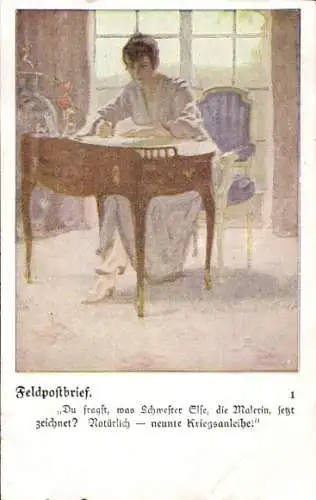 Künstler Ak Feldpostbrief, Frau beim Schreiben