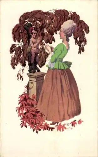 Künstler Ak Junge Frau mit Amor, Garten