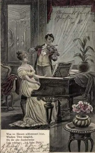 Ak Liebespaar, Was im Herzen schlummert leise, wecken Töne inniglich