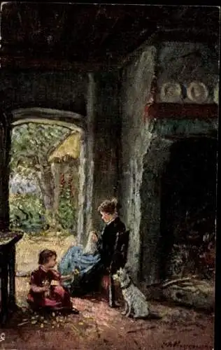 Künstler Ak Frau beim Nähen, Kind, Weißer Hund