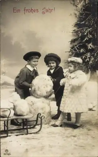 Ak Glückwunsch Neujahr, Kinder, Schneemann