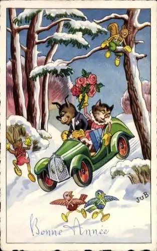 Künstler Ak Glückwunsch Neujahr, Vermenschlichte Tiere, Autofahrt, Blumen, Katze, Hund