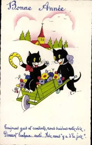 Ak Glückwunsch Neujahr, schwarze Katzen, Hufeisen
