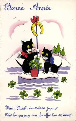 Ak Glückwunsch Neujahr, Schwarze Katzen, Hufeisen, Glücksklee