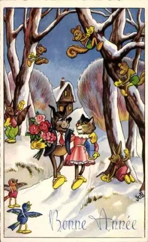 Künstler Ak Glückwunsch Neujahr, Katzen, Hund, Liebespaar