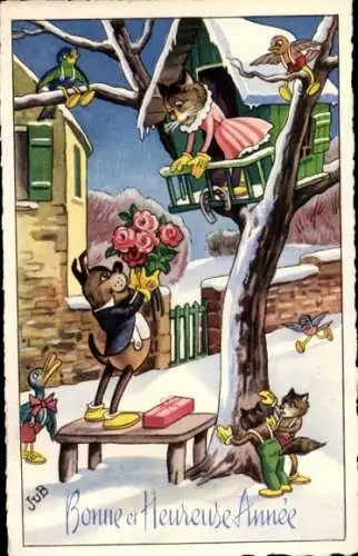 Künstler Ak Glückwunsch Neujahr, Katzen, Hund, Liebeserklärung, Hufeisen