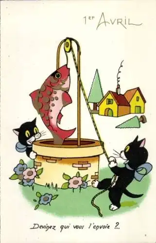 Ak Glückwunsch 1. April, Katzen, Fisch, Brunnen
