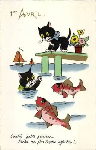 Ak Glückwunsch 1. April, Katzen, Fische, Blumen