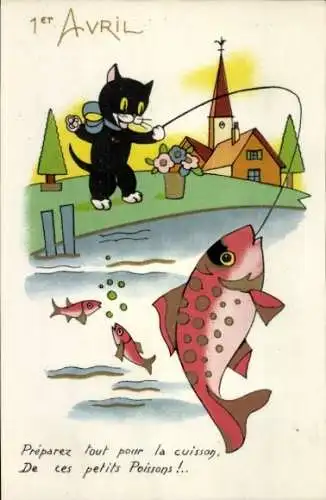 Ak Glückwunsch 1. April, Katze beim Angeln, Fische