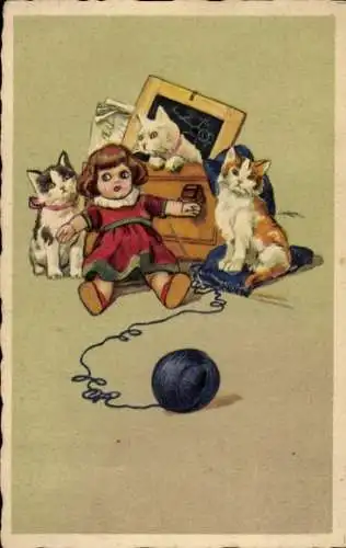 Künstler AK Katzen mit Puppe, Wolle