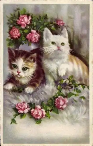 Ak Zwei Katzen mit Rosen