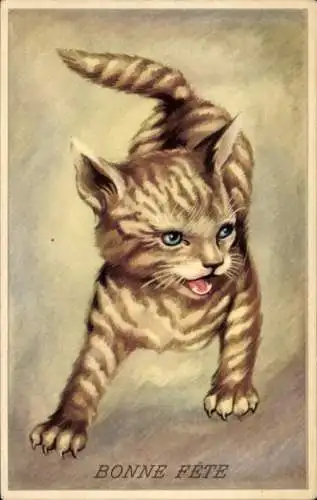 Ak Glückwunsch, Getigerte Katze, Gemaltes Porträt