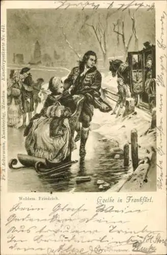 Ak Frankfurt am Main, Woldemar Friedrich, Goethe in  Kutsche, verschneite Straße, Bäume