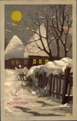Ak Glückwunsch Weihnachten, Wohnhäuser, Mond, Schnee, Winter