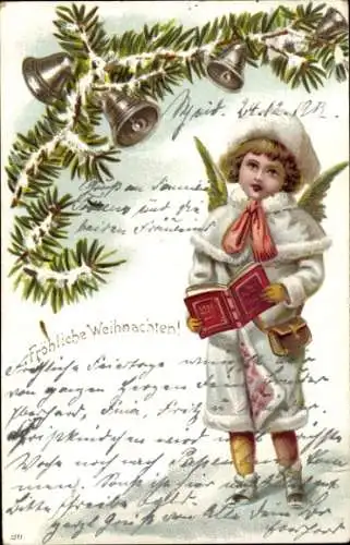 Litho Glückwunsch Weihnachten, Singender Engel, Glocken, Tannenzweige