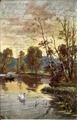 Ak Dresden Bühlau, Motiv: See mit Ruderboot Schwan, Enten, Spaziergänger, Bäume, Sträucher, Hi...