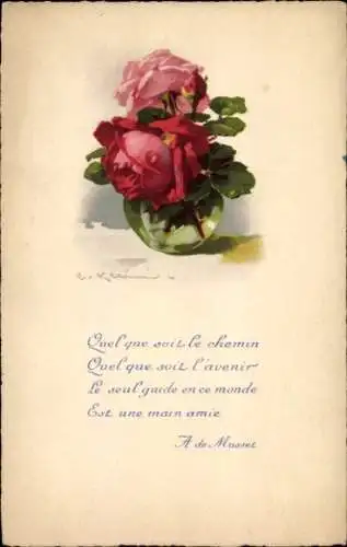 Ak Monterey California USA, Rosen in einer Vase, Zitat von A. de Musset