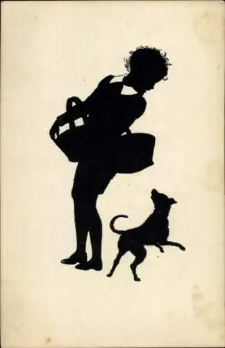 Scherenschnitt Ak Kind mit Körben, Hund