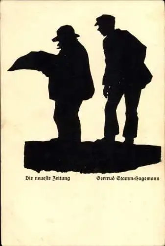 Scherenschnitt Künstler Ak Stamm-Hagermann, G., Neueste Zeitung, Zwei Männer