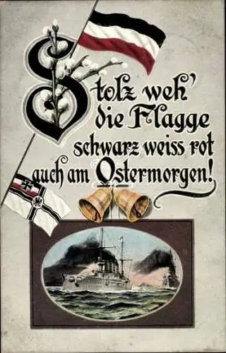 Ak Glückwunsch Ostern, Fahne, Glocke, Kriegsschiff, Weidenkätzchen