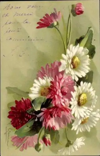 Ak Marly le Roi Yvelines, Blumenstrauß mit roten und weißen Margeriten sowie Chrysanthemen