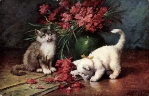 Künstler Ak Huber, Leon, Zwei Katzen