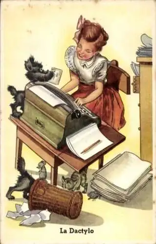 Ak La Dactylo, Mädchen, Schreibmaschine, Hund
