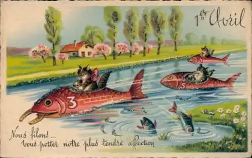 Glitzer Litho 1. April, Fische, Katzen, Rennen