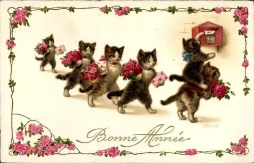 Ak Le Mans Sarthe, Katzen bringen Briefe und Blumen zu einem roten Briefkasten