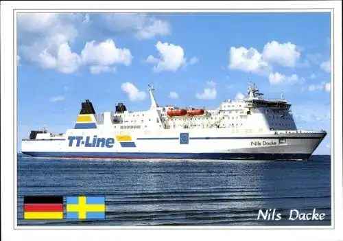 Ak Ostseebad Travemünde Lübeck, Fähre Nils Dacke, TT-Line, deutsche und schwedische Flagge