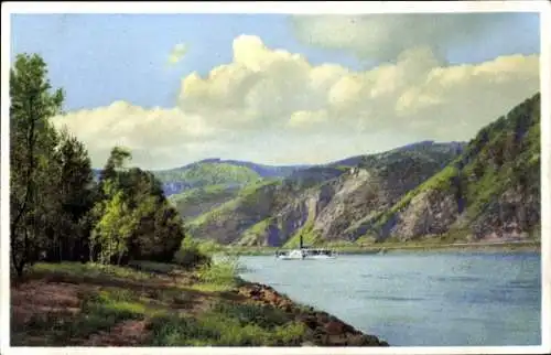 Ak Oberwesel am Rhein, Schönburg, Die Vorderseite zeigt ein Bild des Rheins mit einem Schiff, ...