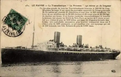 Ak Le Havre Seine Maritime, Das Bild zeigt ein großes Schiff, das im Hafen liegt. Es ist schwa...