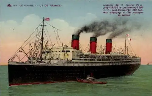 Ak Le Havre Seine Maritime, Das Bild zeigt ein großes Schiff, das im Hafen liegt. Es hat vier ...