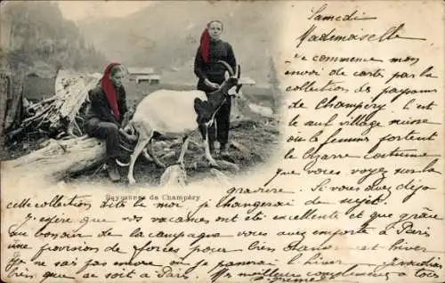 Ak Champéry Kanton Wallis, Frauen in Trachten, Ziegen