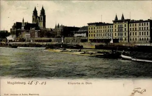Ak Magdeburg in Sachsen Anhalt, Elbe mit Dom, Lastkähne