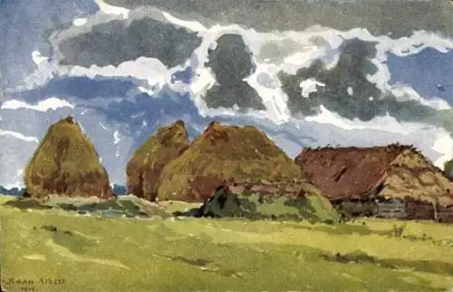 Künstler Ak Wolyń Wolhynien Ukraine,  Strohschober, Bauernhaus, Feldpostkarte 1. WK, 1915