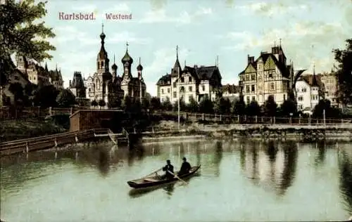 Ak Karlovy Vary Karlsbad Stadt,  Westend, Anlegestelle, zwei Ruderer, historische Gebäude
