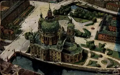 Ak Berlin, Blick auf Dom und Lustgarten, farbige Fliegeraufnahme
