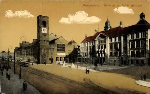 Ak Amsterdam Nordholland Niederlande, Stadtansicht, Damrak, Beurzen, historische Architektur, ...