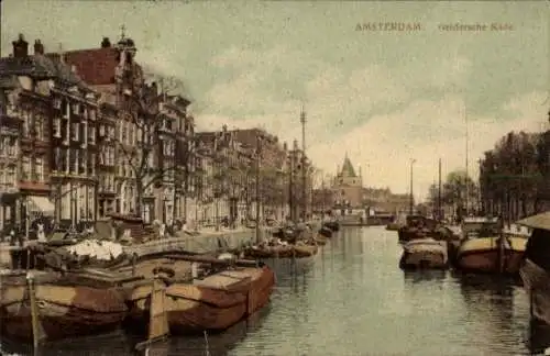 Ak Amsterdam Nordholland Niederlande,  Geldersche Kade, Grachten, Häuser, Boote