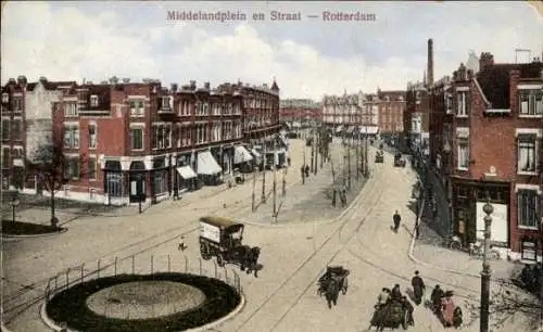 Ak Rotterdam Südholland Niederlande, Stadtansicht mit Gebäude, Straßenbahnschienen, Pferd und ...