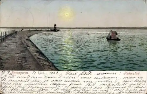 Ak Halmstad Schweden, Hafenansicht, Wasser, Segelboot, Leuchtturm, Uferpromenade