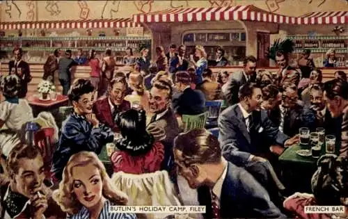 Ak Filey Yorkshire England, Butlin's Holiday Camp, French Bar, Gäste, Unterhaltung, Barbetrieb