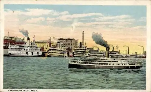 Ak Detroit Michigan USA, Hafenansicht, Dampfschiffe, farbige Illustration, ruhige Wasserfläche