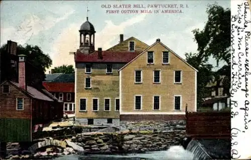 Ak Pawtucket Rhode Island USA, Alte Slater-Mühle, erst Baumwollmühle in Amerika, Gebäude in Fa...